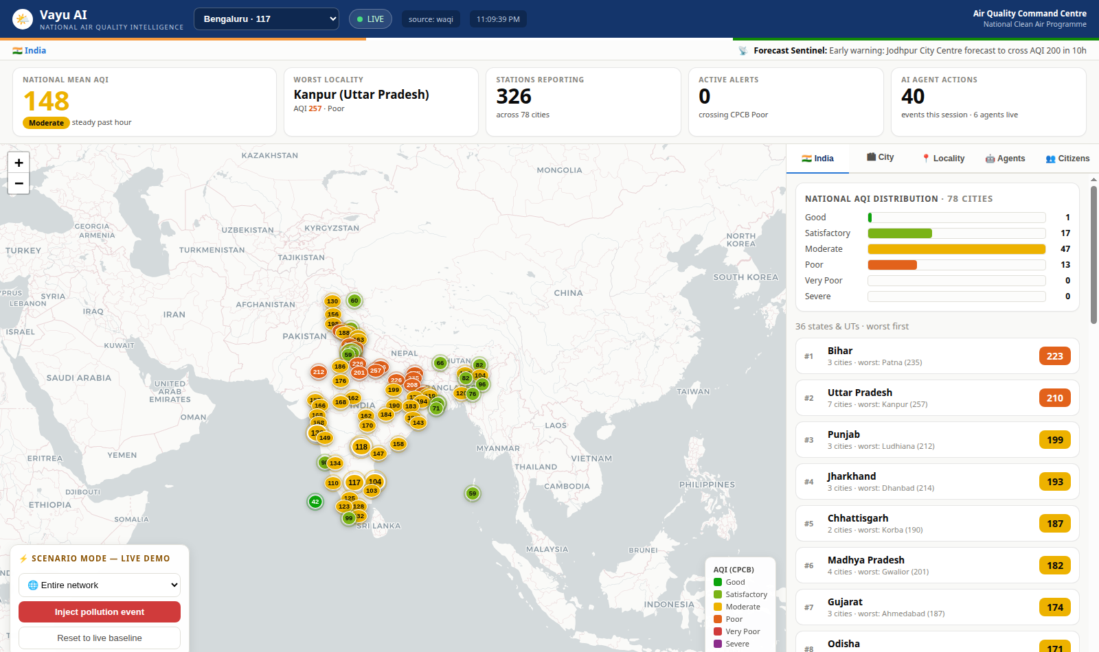 National command centre — every city pinned & ranked live